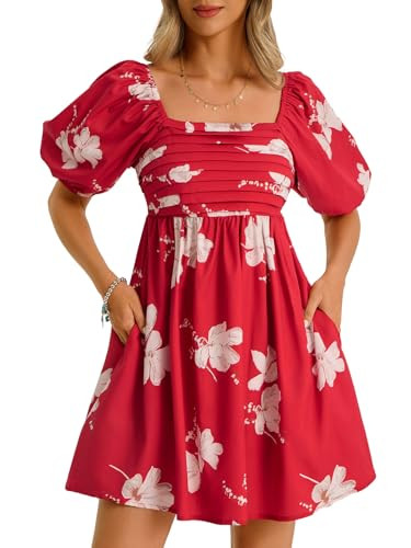 Wenrine Womens Summer Square Neck Mini Dresses Casual Floral Puff Short Sleeve Smocked High Waisted A-Line Babydoll Dress Burgundy | Amazon (US)