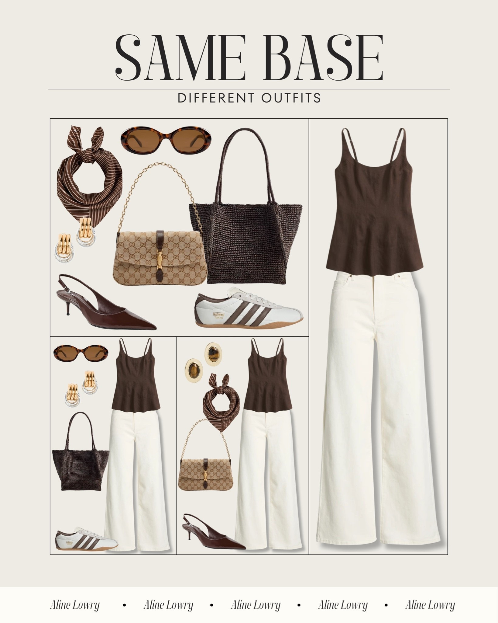 Same base different outfits - summer 

Key pieces: white denim and brown tank top 
Neutral base that’s easy to style up or down. Pair it with sneakers and a tote bag for a more casual look or heels and a nice shoulder bag for a dressed up outfit. 
Day to night wear

#LTKU #LTKSeasonal #LTKootd