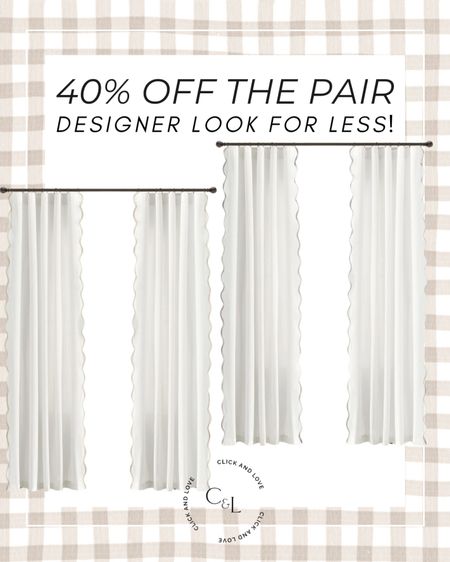 Designer look for less deal🖤 40% off the set of these beautiful panels! 

Scalloped curtains, curtain panels, window treatments, nursery curtains, light filtering curtains, delicate details, style tip, amazing sale, sale find, sale alert, sale, Living room, bedroom, guest room, dining room, entryway, seating area, family room, Modern home decor, traditional home decor, budget friendly home decor, Interior design, shoppable inspiration, curated styling, beautiful spaces, classic home decor, bedroom styling, living room styling, dining room styling, look for less, designer inspired, Amazon, Amazon home, Amazon must haves, Amazon finds, amazon favorites, Amazon home decor #amazon #amazonhome


#LTKStyleTip #LTKSaleAlert #LTKHome