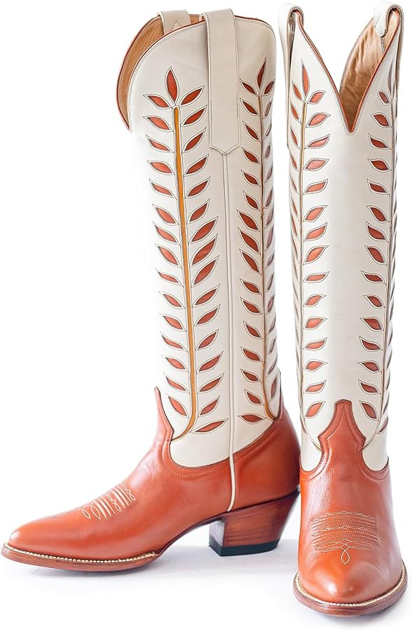 Embroidered Cowboy Boots for Women Almond Round Toe Chunky Heel Cowgirl Boots Pull On Knee High W... | Amazon (US)