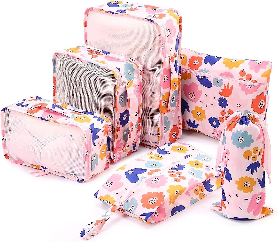 6 Set Packing Cubes-Travel Luggage Organizers with, Pink Flower, Size No Size | Amazon (US)