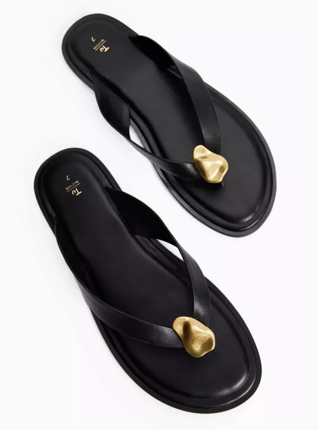 Black Leather Metal Detail Toe Post Sandals 7 | Tu Clothing