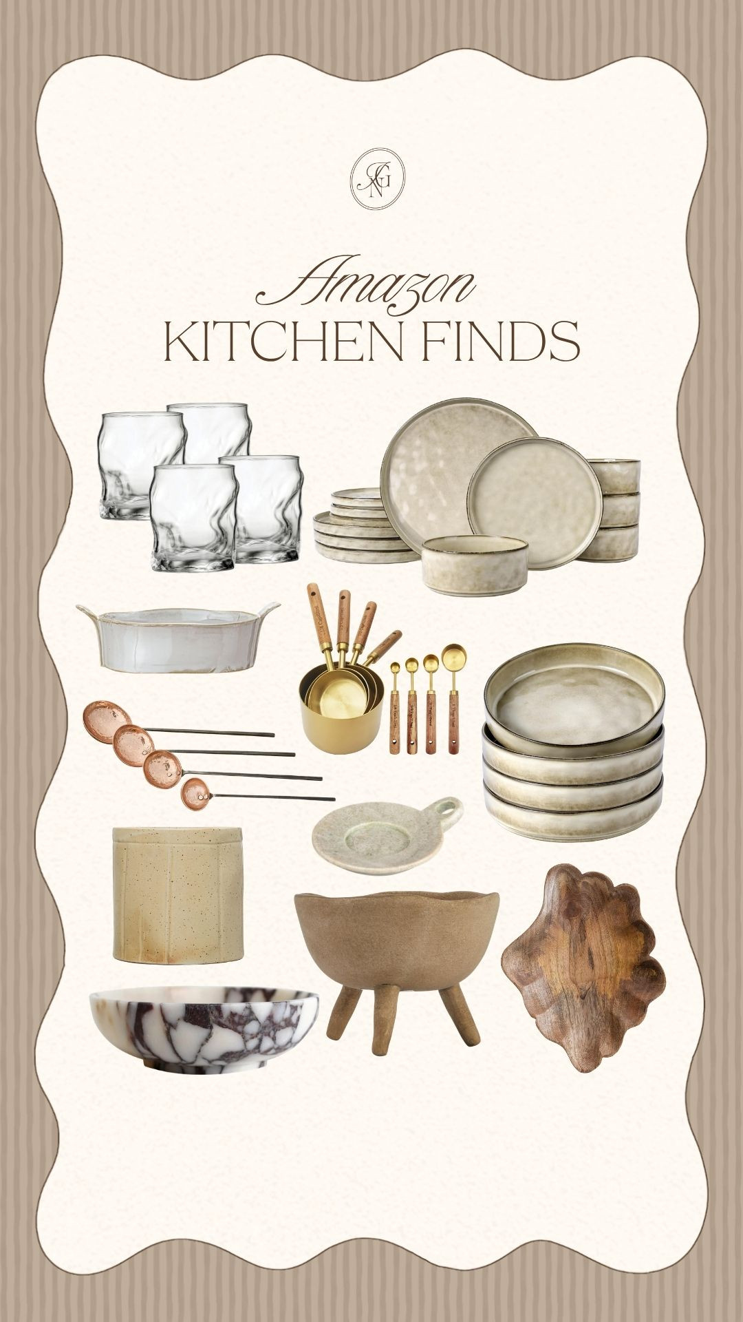 Amazon kitchen finds with pretty dishes, glassware, wood accents and little hosting pieces I’m loving. 🤍 

#amazonhome #amazonfinds #kitchenfinds #kitchendecor #hostingfinds #homefinds #kitchenstyling #ltkfinds #modernorganic #homedecor

#LTKHome