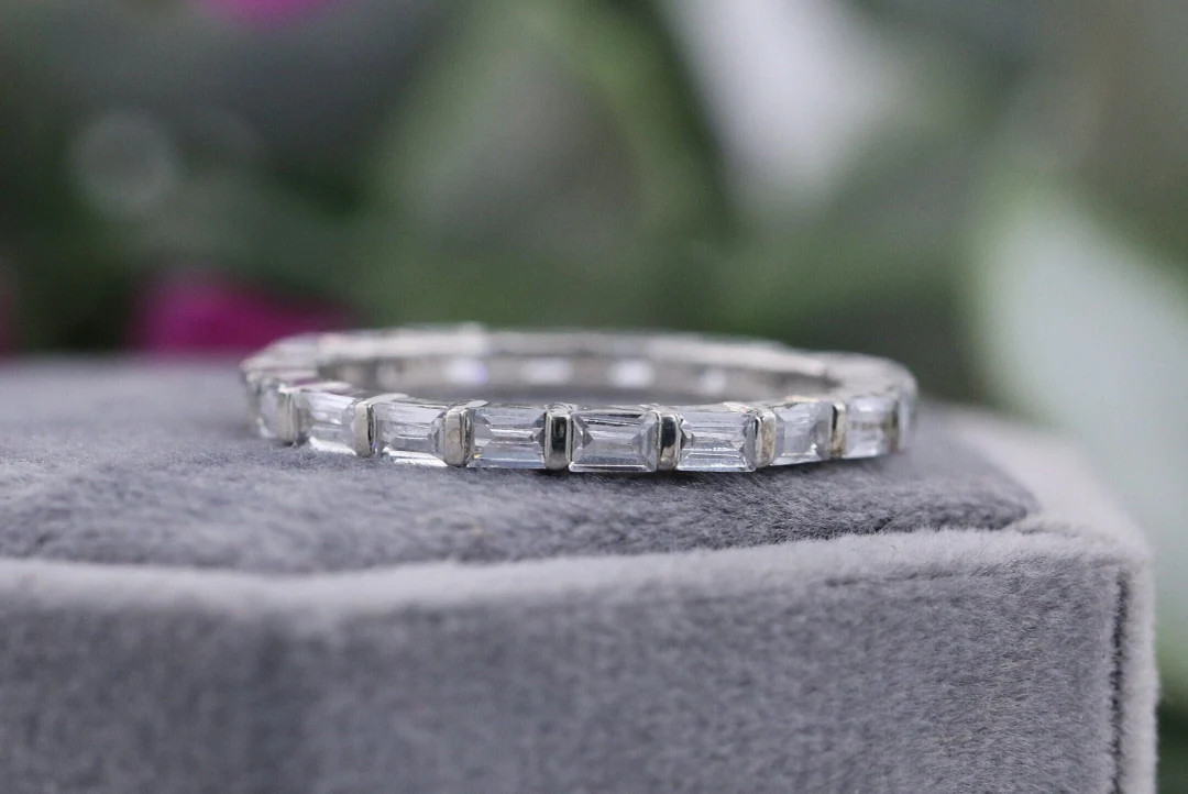 East West Emerald Cut Moissanite Diamond Wedding Band, Full Eternity Wedding Band, 14K White Gold... | Etsy (US)