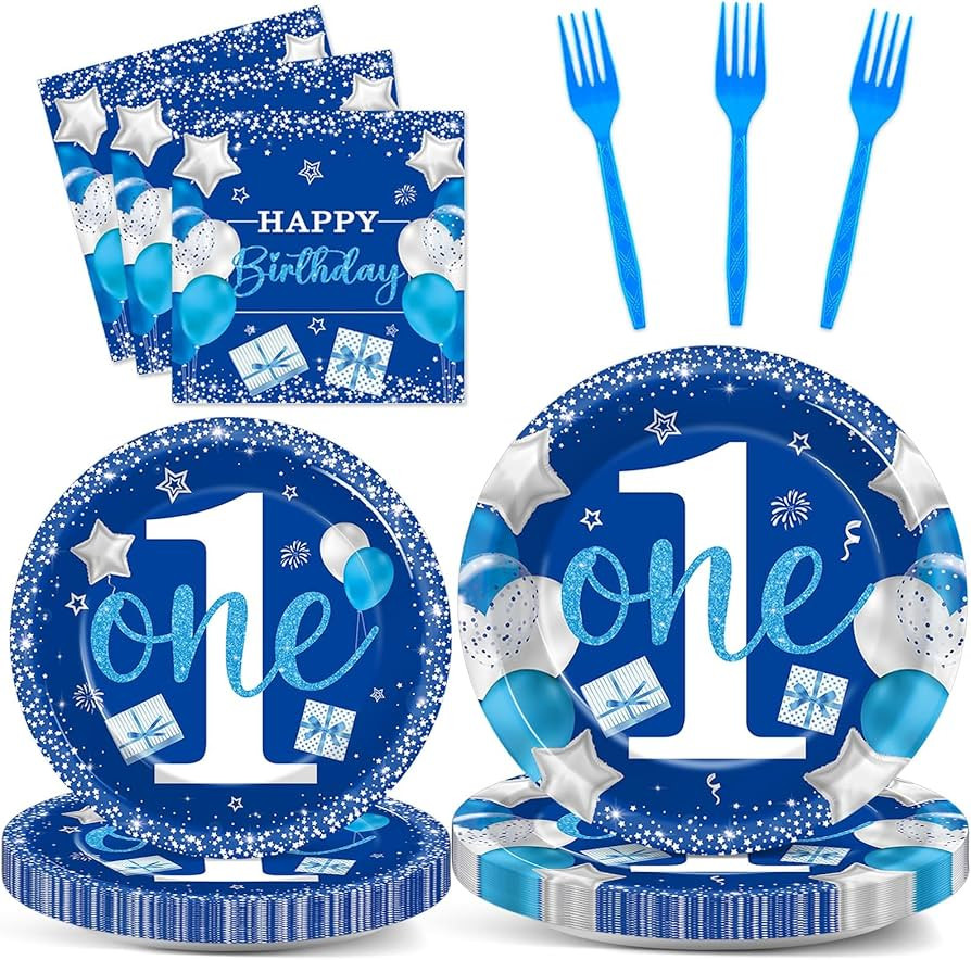 Wiooffen Boy 1st Birthday Party Tableware Set, Blue, 96 Pcs, 24 Guests, Paper Plates, Napkins, Fo... | Amazon (US)