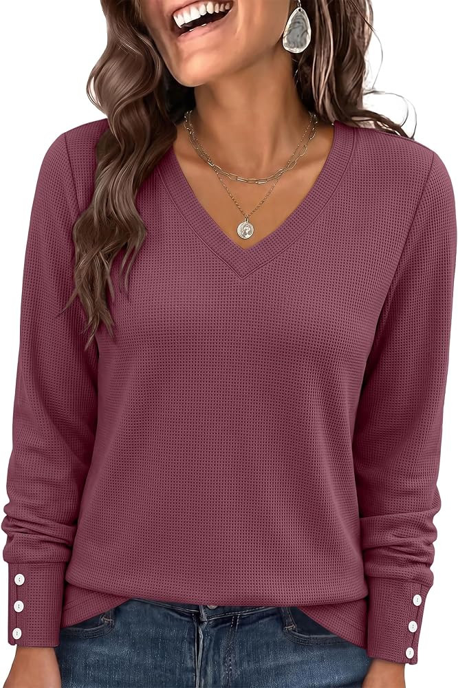 ANRABESS Long Sleeve Shirts for Women V Neck Waffle Knit Tops | Amazon (US)