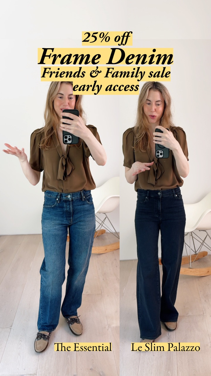 My picks from Frame's Friends & Sale, and use code RONI15 for 15% off non-sale styles. I'm size 26 at Frame, my usual size. I'm 5'7". Le Slim Palazzo is a cut I've loved for years, and I have it in three washes. If you're 5'7" or 5'8", it's the perfect length for flats/loafers/sneakers. Classic wide leg, not a palazzo as named. The Essential is the slouch I didn't know I can just have. They make me look cool even though I'm a nerd. Perfect ease, and the waist + hips are still defined so they're not swallowing me. I'm wearing the silk blouse in a small. Love the (safely) low neck and scarf tie.

#LTKootd #LTKSeasonal