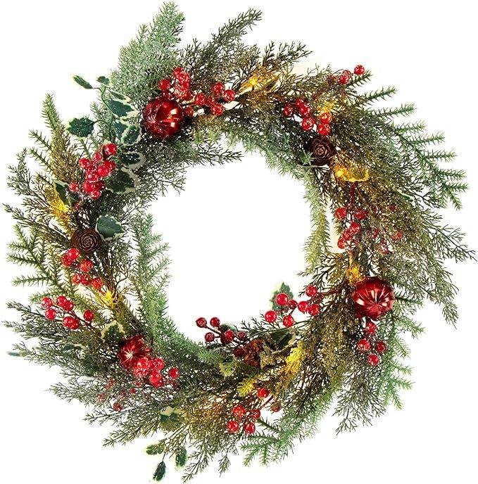 MINDELF 21 in Christmas Wreath, Front Door Mixed Evergreen Holly Leaves Wreath with 20 LEDs, Hang... | Amazon (US)
