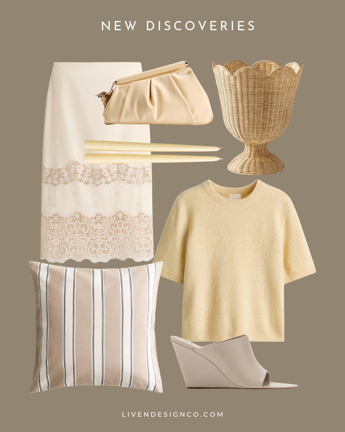 New discoveries. Spring style. Yellow short sleeve knit sweater. Lace skirt. Style inspiration. Yellow clutch. Rattan urn planter. Outdoor throw pillows. Leather wedge sandals. Yellow taper candles

#LTKHome #LTKSaleAlert #LTKSeasonal