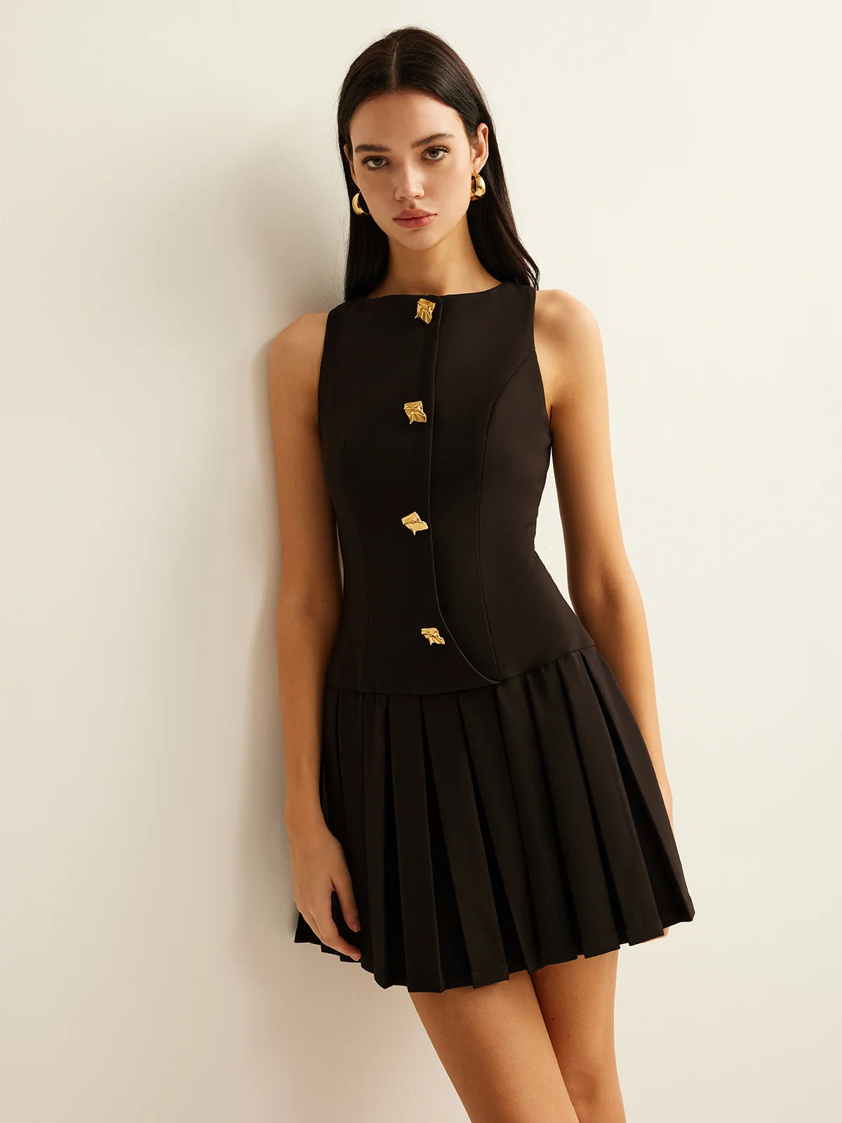 Metal-Button Pleated Tank Dress | Commense