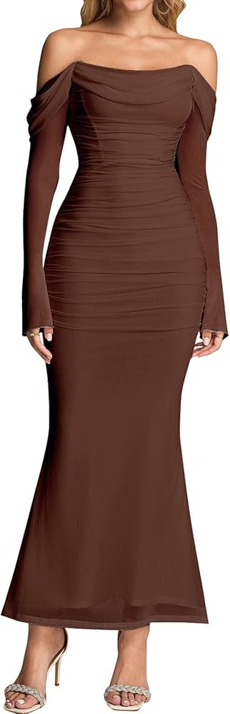 KUTUMAI Off Shoulder Long Sleeve Maxi Dress Corset Bodycon Ruched Cocktail Formal Wedding Guest D... | Amazon (US)