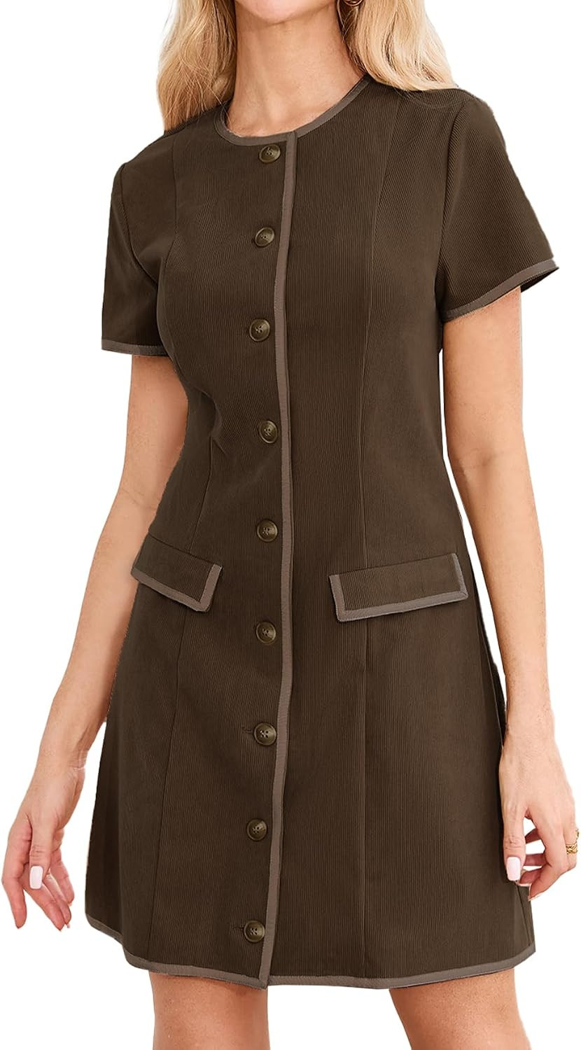 Women's Corduroy Mini Dress Button Down Contrast Trim Dresses Office Wear | Amazon (US)