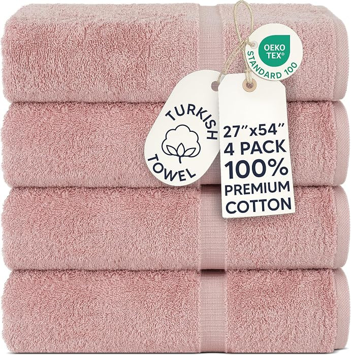 Chakir Turkish Linens 4 Piece Bath Towel Set, 100% Cotton Luxury Turkish Towels for Bathroom, Soft Absorbent Bath Towels, 27 x 54 Inches, Pink | Amazon (US)