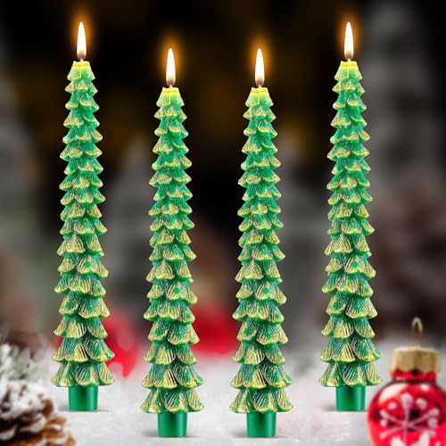 4 Pack Christmas Tree Candles, 10 Inch Unscented Tree Shaped Taper Candles Decorative Christmas Beeswax Candle for Xmas Holiday Decor, Party Banquet Centerpiece Decorations (Green with Gold Trim) | Amazon (US)