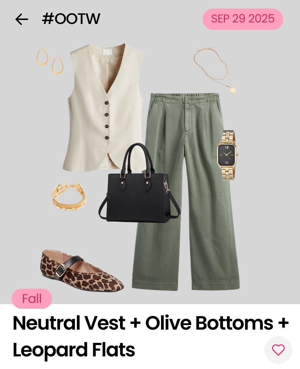 Style that speaks for itself. No notes. 🙌 #OOTW

🚨 THE FORMULA:
Neutral Vest + 
Olive Bottoms + 
Leopard Flats 

Dress it up: Easily dress this formula up by layering the vest over a white button-down or blouse. 

Dress it down: To dress this formula down, either keep the vest and layer it over a white tee, or substitute it with a neutral tee. Feel free to swap the flats for a leopard or neutral sneaker or sandal. 

Check out all 30 outfits we've styled for September in our app 📲.  

#LTKOver40 #LTKStyleTip #LTKMidsize