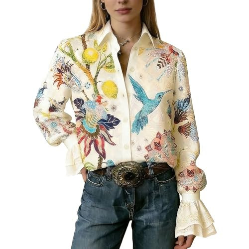 CHERRYBETTY Women's Boho Paisley Blouse Western Floral Print Top Ruffled Cuff Long Sleeve Button-Down Shirt (US, Alpha, Large, Regular, Regular, Multicolor) | Amazon (US)