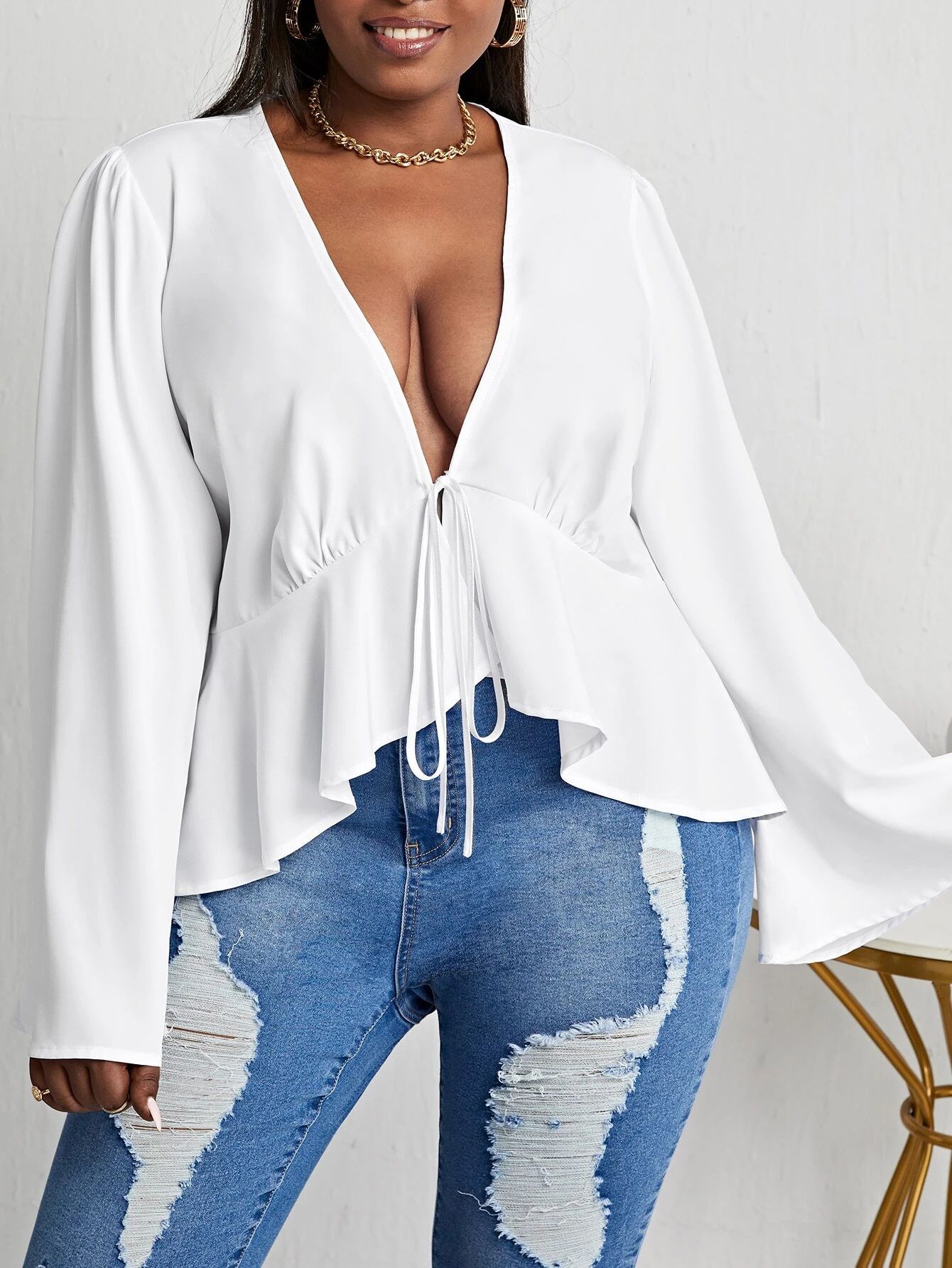 Plus Solid Plunging Neck Drawstring  Top | SHEIN