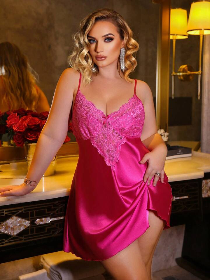 SilkySpell Plus Size Women Lace Patchwork Waistline Hollow Out Charmeuse Spaghetti Strap Nightgow... | SHEIN