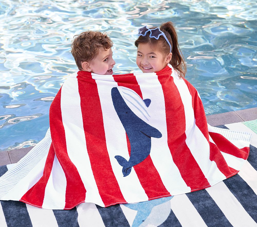 Rugby Stripe Whale Kid Beach  Towel UPF 50+ | Pottery Barn Kids