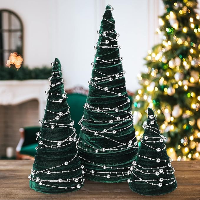 3 Pieces Christmas Velvet Trees Set with Bead String Christmas Tree Decorations Modern Mantle Dec... | Amazon (US)
