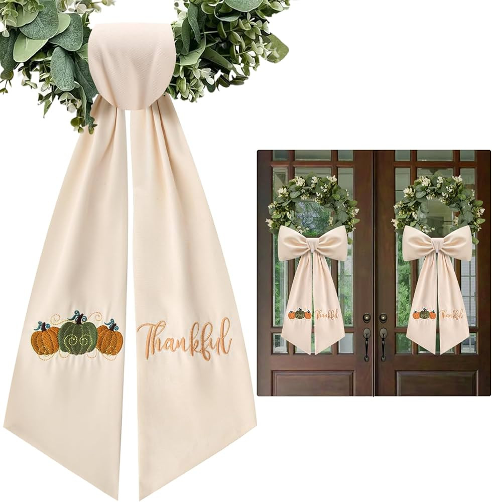 2 Pcs Thankful Wreath Sash for Front Door Embroidery Pumpkin Ribbon Sash for Fall Thanksgiving Ya... | Amazon (US)