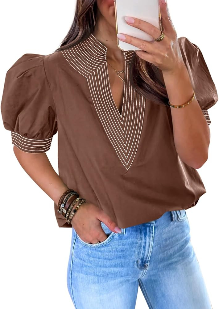 Cicy Bell Womens Puff Short Sleeve Blouses Summer Casual Dressy V Neck Contrast Stitch Tops Loose... | Amazon (US)