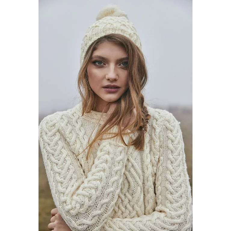 SAOL 100% Merino Wool Aran Women's Sweater Fisherman Cable Knit Irish Pullover with Pockets Made ... | Walmart (US)