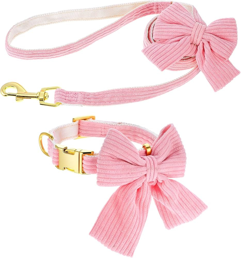 Dog Collar and Leash Set with Bowtie, Pink Cute Girl Dog Collars Bow Metal Buckle Adjustable Cord... | Amazon (US)