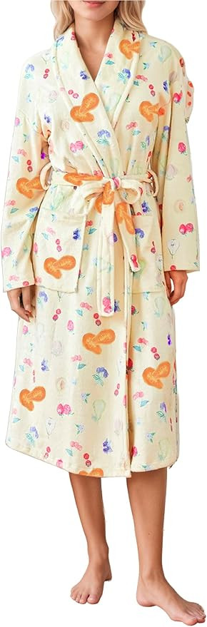 Women Fleece Floral Fruit Print Bathrobe Valentine Robe Soft Flannel Lounge Robe Cute Lightweight... | Amazon (US)