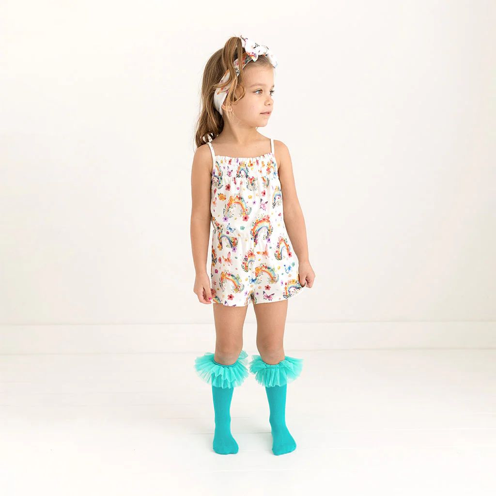Rainbow Floral White Sleeveless Girl Short Jumpsuit | Lucky Rainbow | Posh Peanut
