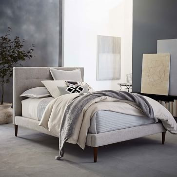 Grid-Tufted Upholstered Tapered Leg Bed - Stone (Twill) | West Elm (US)
