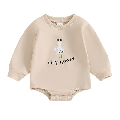 baorji Newborn Baby Boy Girl Bubble Romper Silly Goose Long Sleeve Oversized Bodysuit Infant Farm Animal Fall Outfit (Apricot, 6-12 Months) | Amazon (US)