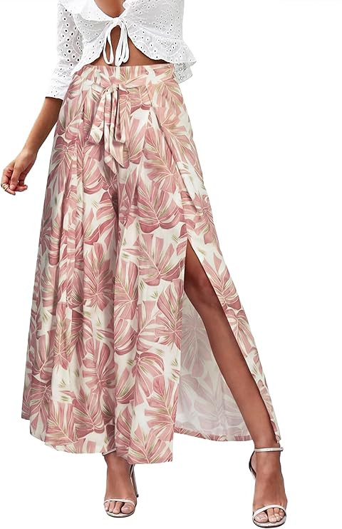 Simplee Women's Casual Split Wide Leg Pants High Waist Palazzo Flowy Beach Pants Summer Boho Loun... | Amazon (US)