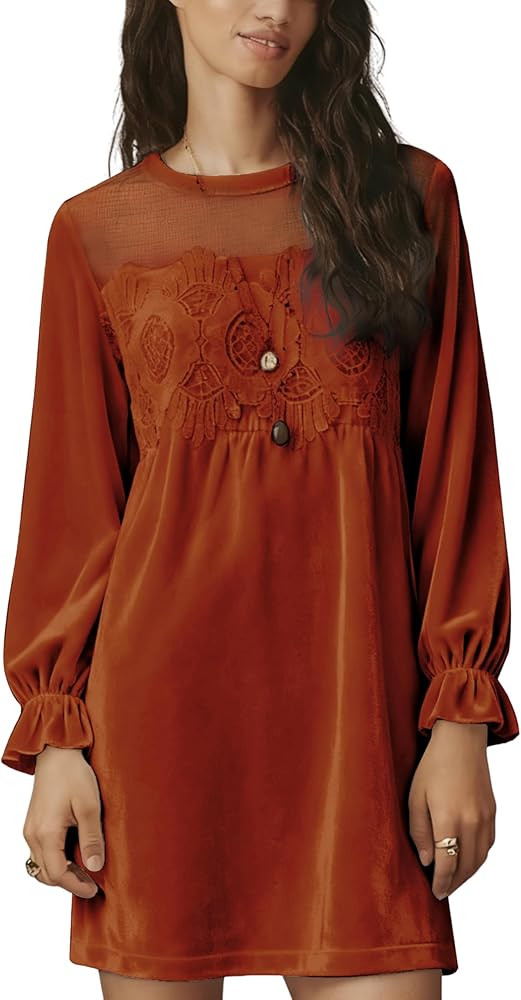 Huaqiao Womens A-Line Velvet Lace Overall Babydoll Mini Dress Casual Crew Neck Sheer Mesh Flared ... | Amazon (US)