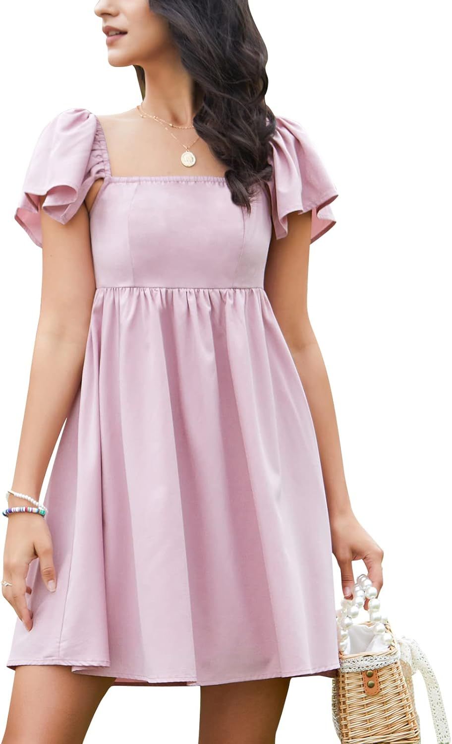 EXLURA Womens Square Neck Short Cap Sleeve Dress High Waist A-Line Casual Smocked Back Mini Dress | Amazon (US)