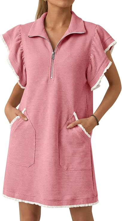 Cicy Bell Womens Ruffle Cap Sleeve Sweatshirt Dress Summer Oversized V Neck Quarter Zip Mini Dres... | Amazon (US)