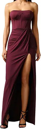 BELLA BARNETT Red Strapless High Slit Maxi Corset Elegant Prom Dress Sexy Backless Slim Fit Ruche... | Amazon (US)
