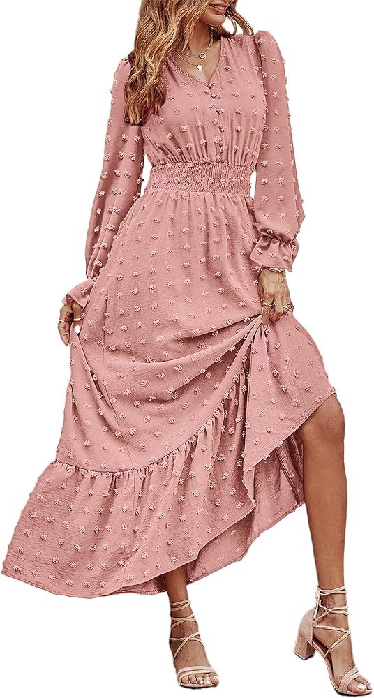 MASCOMODA Women Boho Maxi Dress 2024 Long Sleeve V Neck Swiss Dot Smocked High Waisted A-Line Ruf... | Amazon (US)