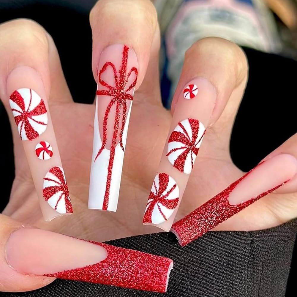 Christmas Press on Nails Long Coffin Fake Nails Red Glitter Ribbon Full Cover False Nails French ... | Amazon (US)
