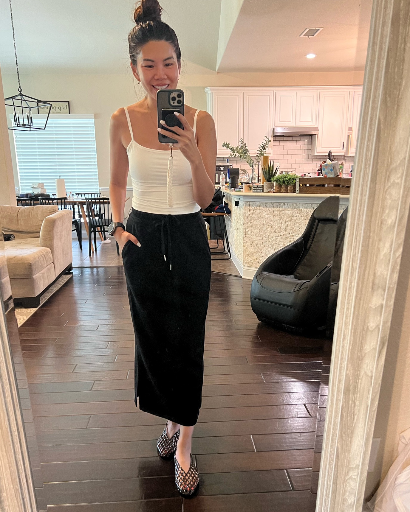 soft stretchy basic white spaghetti strap top (removable pads): small 

casual drawstring black maxi: small

jelly shoes: sized down to a 7 (runs big, size down!)