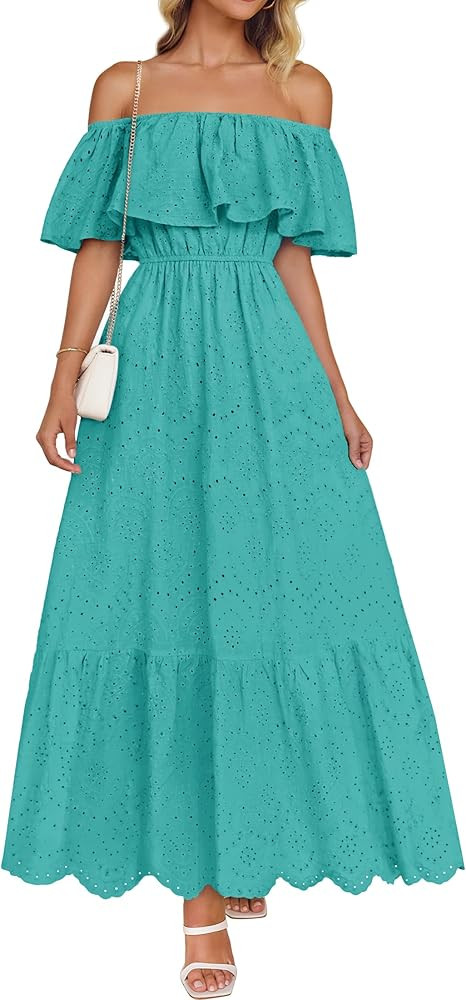 ZESICA Women's 2025 Summer Off Shoulder Ruffle Midi Dress Short Sleeve High Waist Hollow Out Embr... | Amazon (US)