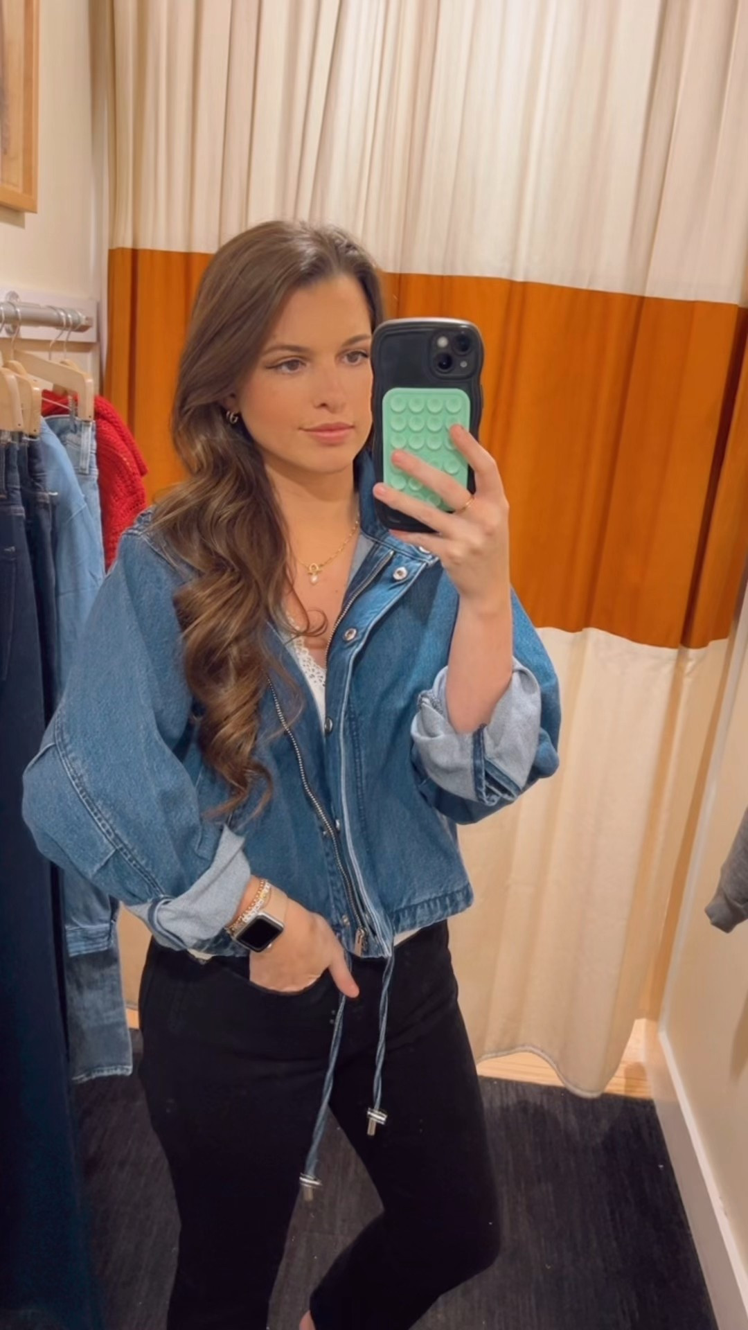 // denim bomber jacket // wearing an XS // fits tts // 

#LTKSeasonal #LTKgrwm #LTKootd