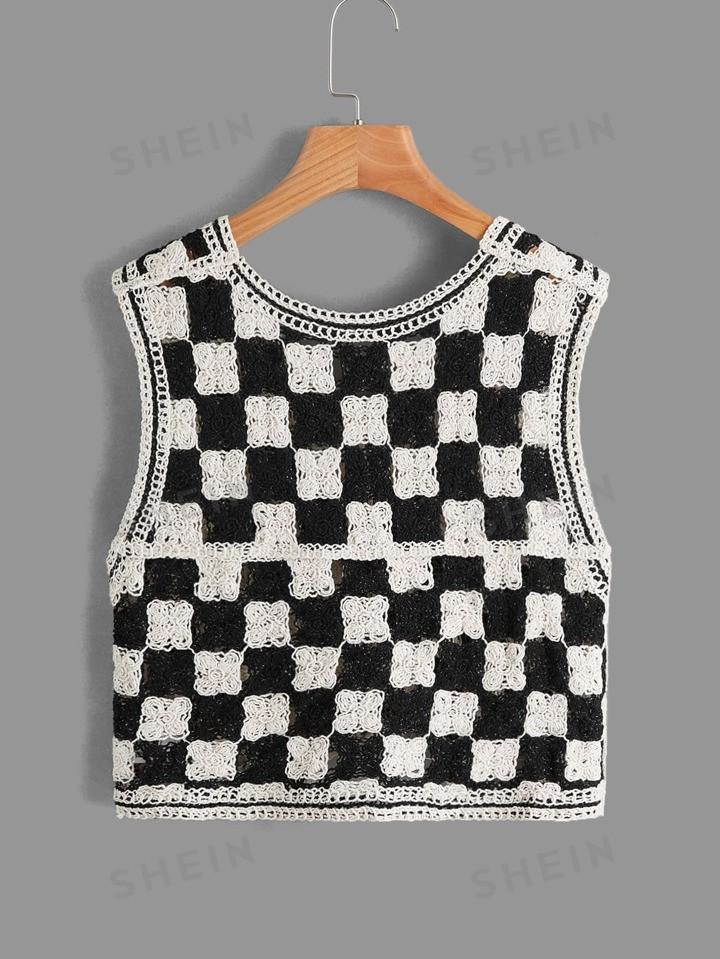 SHEIN EZwear Checkered Pattern Asymmetrical Hem Button Up Sweater Vest | SHEIN