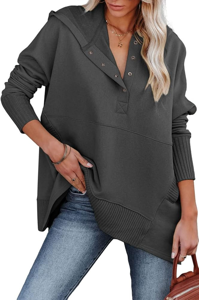 Yanekop Womens Casual Henley Hoodies Oversized Fall Sweatshirt Hooded V Neck Button Pullover with... | Amazon (US)