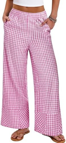 ANRABESS Womens Gingham Pants Checkered Plaid Striped Boxer Wide Leg Palazzo Pants Lounge PJ Bott... | Amazon (US)
