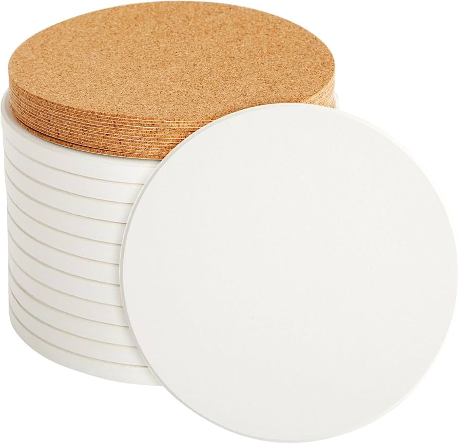 12 Round Unglazed Ceramic Tiles for Crafts with 12 Cork Pads for DIY Coasters, Acrylic Pouring, A... | Amazon (US)