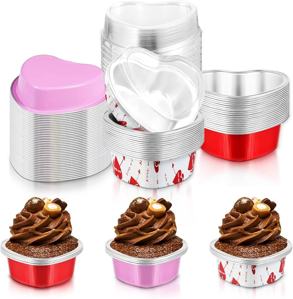 Cunhill 30 Sets Heart Shaped Cake Pans with Lids, 3.4 Ounces/ 100 Ml, Mini Cheesecake Pans Alumin... | Amazon (US)