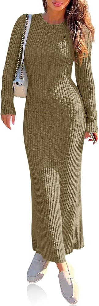 Wenrine Womens Sweater Maxi Dress Long Sleeve Knit Ribbed Crew Neck Slim Fit Casual Fall Long Dre... | Amazon (US)