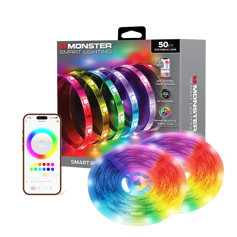 Monster Smart 50ft LED Strip Lights, Multicolor LED Lights for Bedroom, Sound Reactive, App & Voi... | Walmart (US)