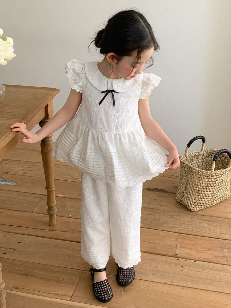 Dazy Kids Young Girl Embroidered Peter Pan Collar Cap Sleeve Blouse And Pants Cute 2-Piece Set | SHEIN